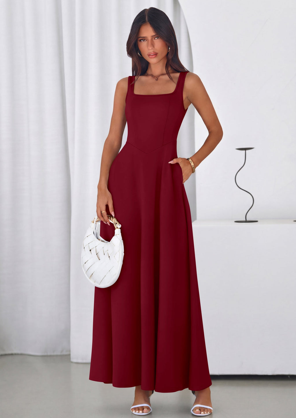 PRETTYGARDEN Womens Summer Dresses Sleeveless Elegant Square Neck Aline Swing Maxi Beach Wedding Guest Dress Pockets