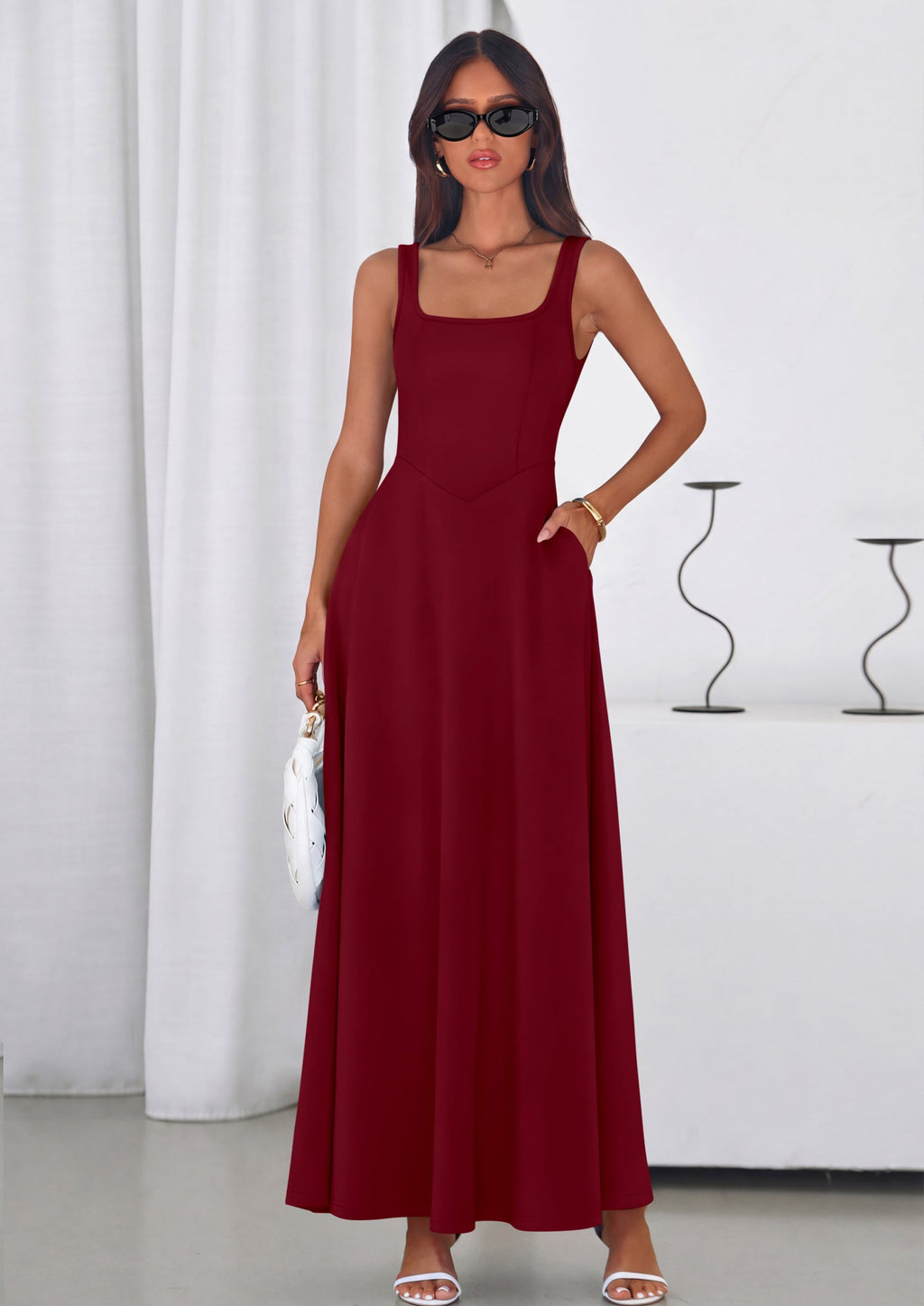 PRETTYGARDEN Womens Summer Dresses Sleeveless Elegant Square Neck Aline Swing Maxi Beach Wedding Guest Dress Pockets