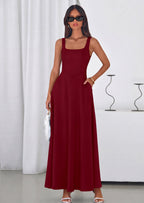 PRETTYGARDEN Womens Summer Dresses Sleeveless Elegant Square Neck Aline Swing Maxi Beach Wedding Guest Dress Pockets