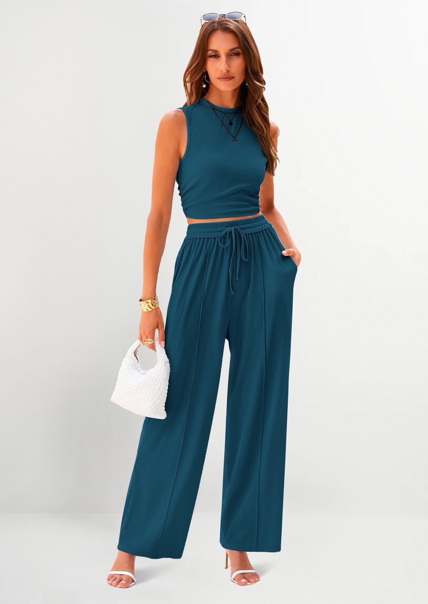 PRETTYGARDEN 2 Piece Sets Sleeveless Tank Ribbed Travel Vacation Lounge Wear Outfits