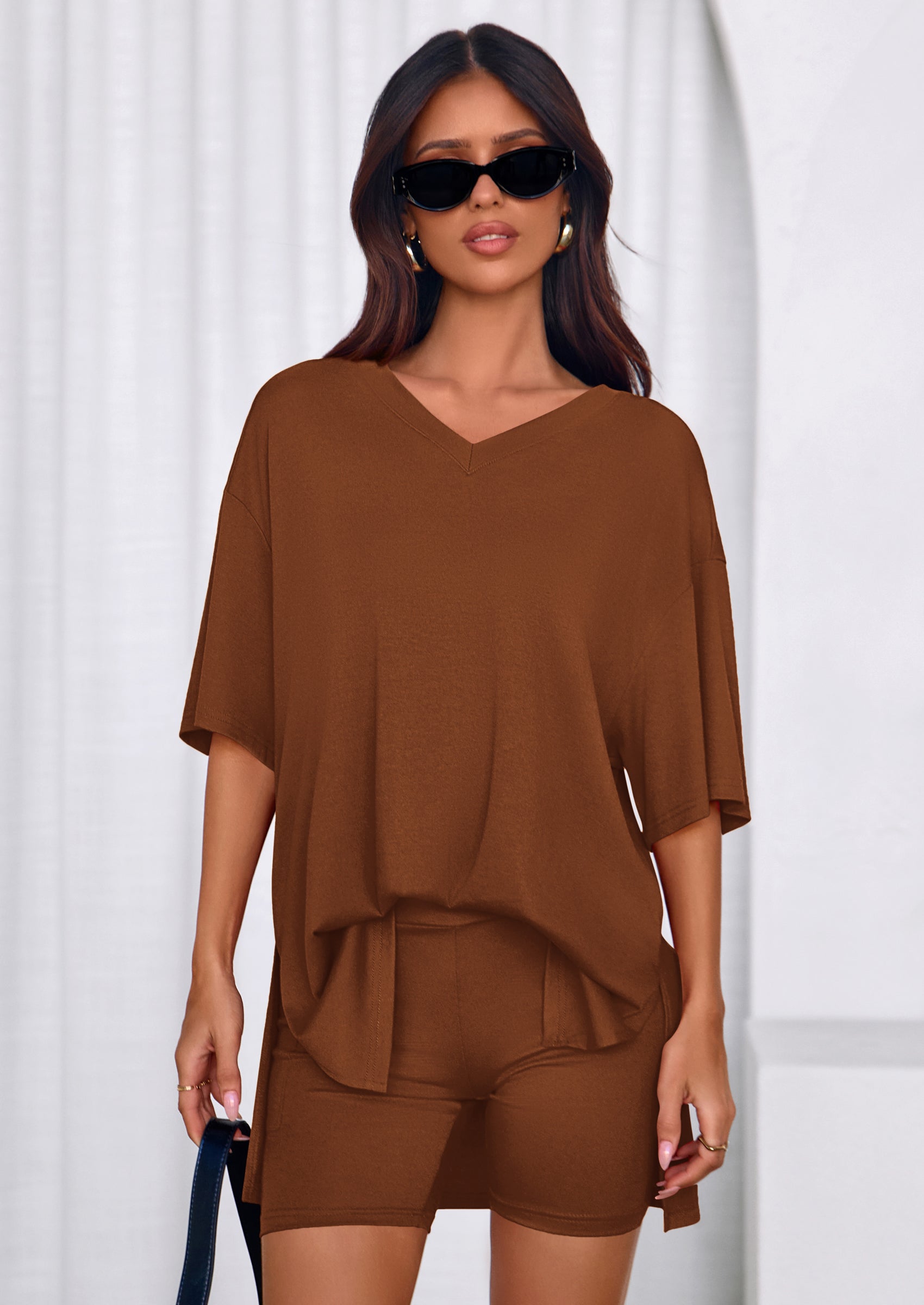 PRETTYGARDEN 2 Piece Sets for Women Summer Lounge Short Set Spring Matching Biker Shorts V Neck Oversized Shirt Clothing