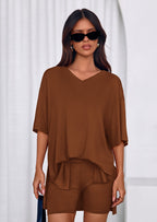 PRETTYGARDEN 2 Piece Sets for Women Summer Lounge Short Set Spring Matching Biker Shorts V Neck Oversized Shirt Clothing