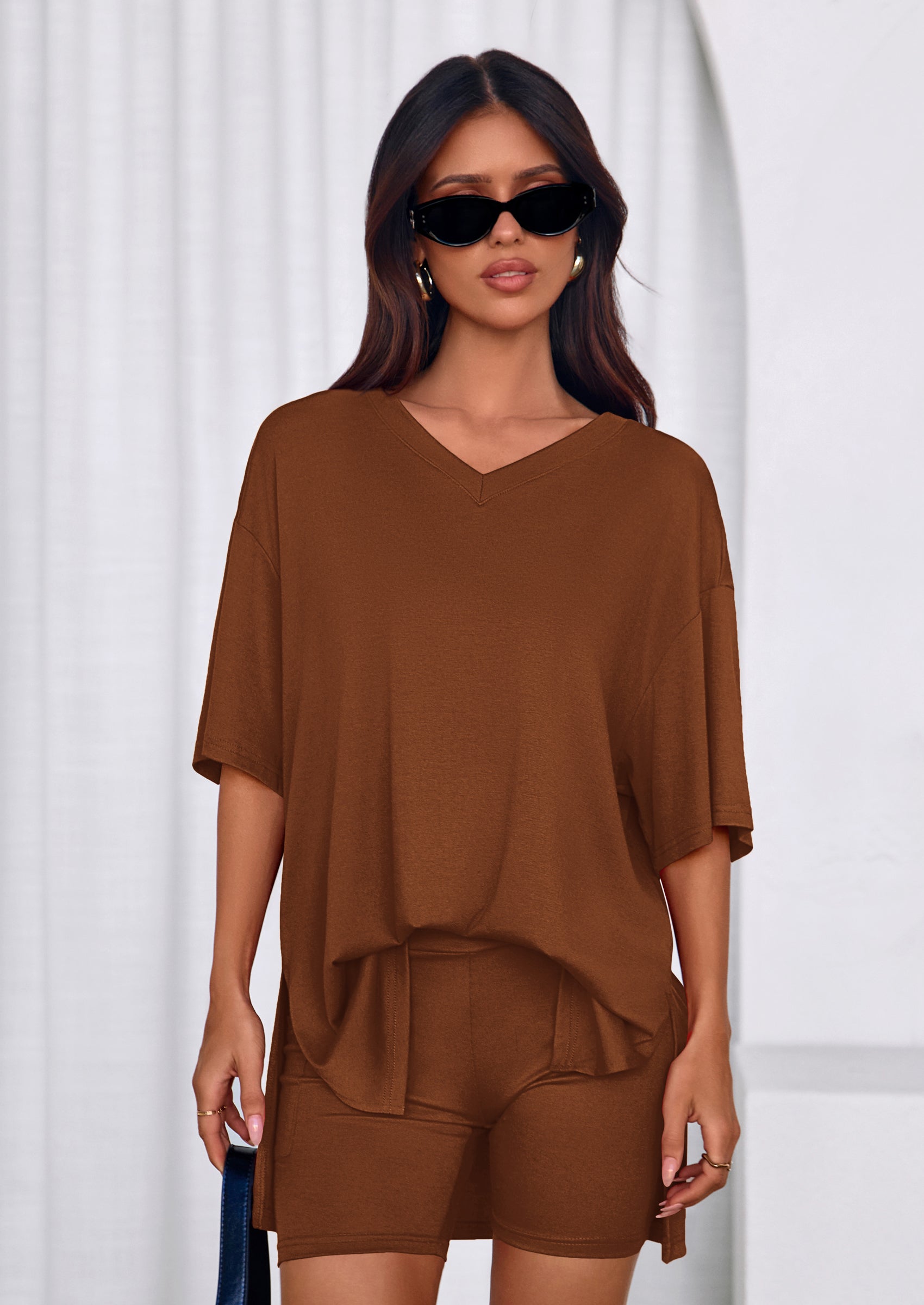PRETTYGARDEN 2 Piece Sets for Women Summer Lounge Short Set Spring Matching Biker Shorts V Neck Oversized Shirt Clothing