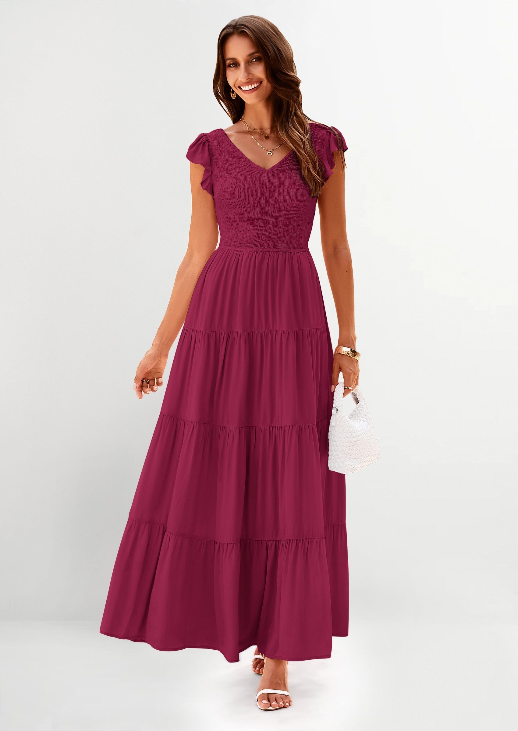 PRETTYGARDEN Women's Flowy Maxi Dress Casual Cap Sleeve V Neck Smocked Beach Sundress