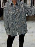Women Vintage Washed Blue Denim Sequined Embroidered Jacket