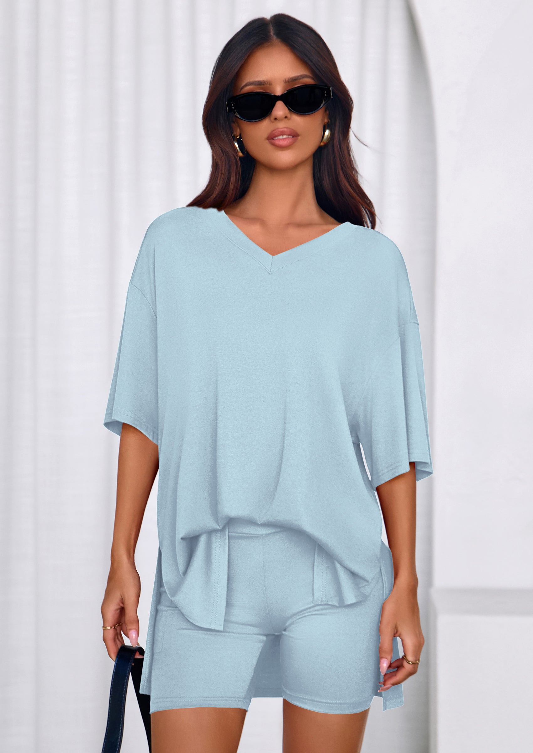 PRETTYGARDEN 2 Piece Sets for Women Summer Lounge Short Set Spring Matching Biker Shorts V Neck Oversized Shirt Clothing