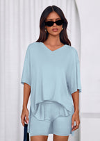 PRETTYGARDEN 2 Piece Sets for Women Summer Lounge Short Set Spring Matching Biker Shorts V Neck Oversized Shirt Clothing