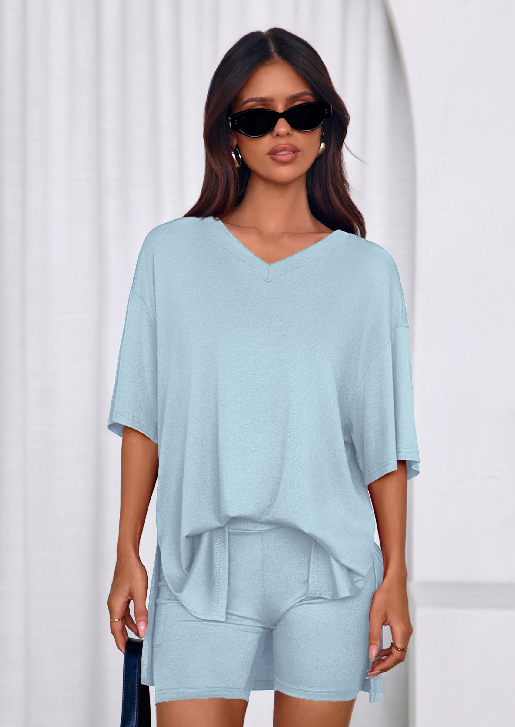 PRETTYGARDEN 2 Piece Sets for Women Summer Lounge Short Set Spring Matching Biker Shorts V Neck Oversized Shirt Clothing