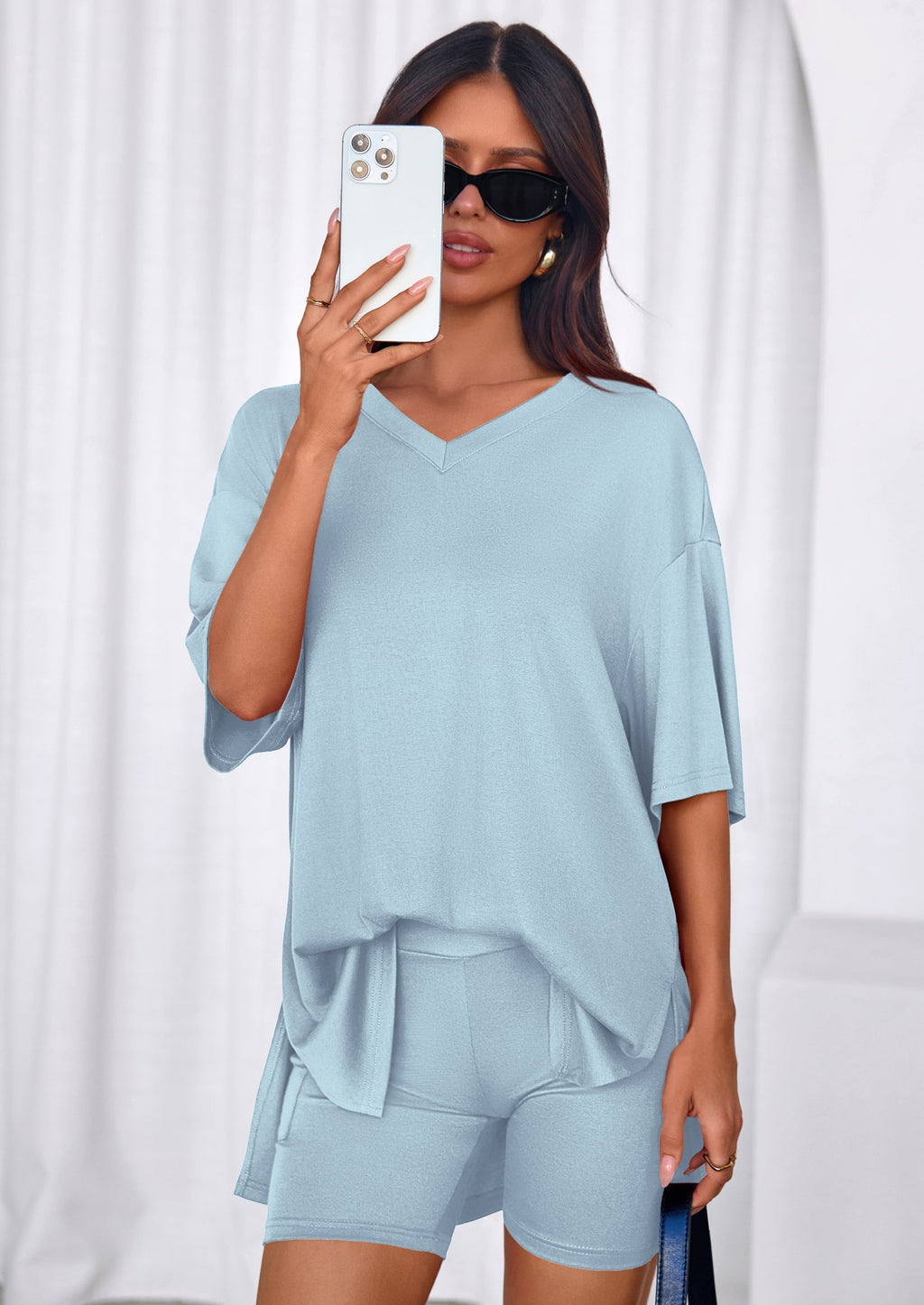 PRETTYGARDEN 2 Piece Sets for Women Summer Lounge Short Set Spring Matching Biker Shorts V Neck Oversized Shirt Clothing