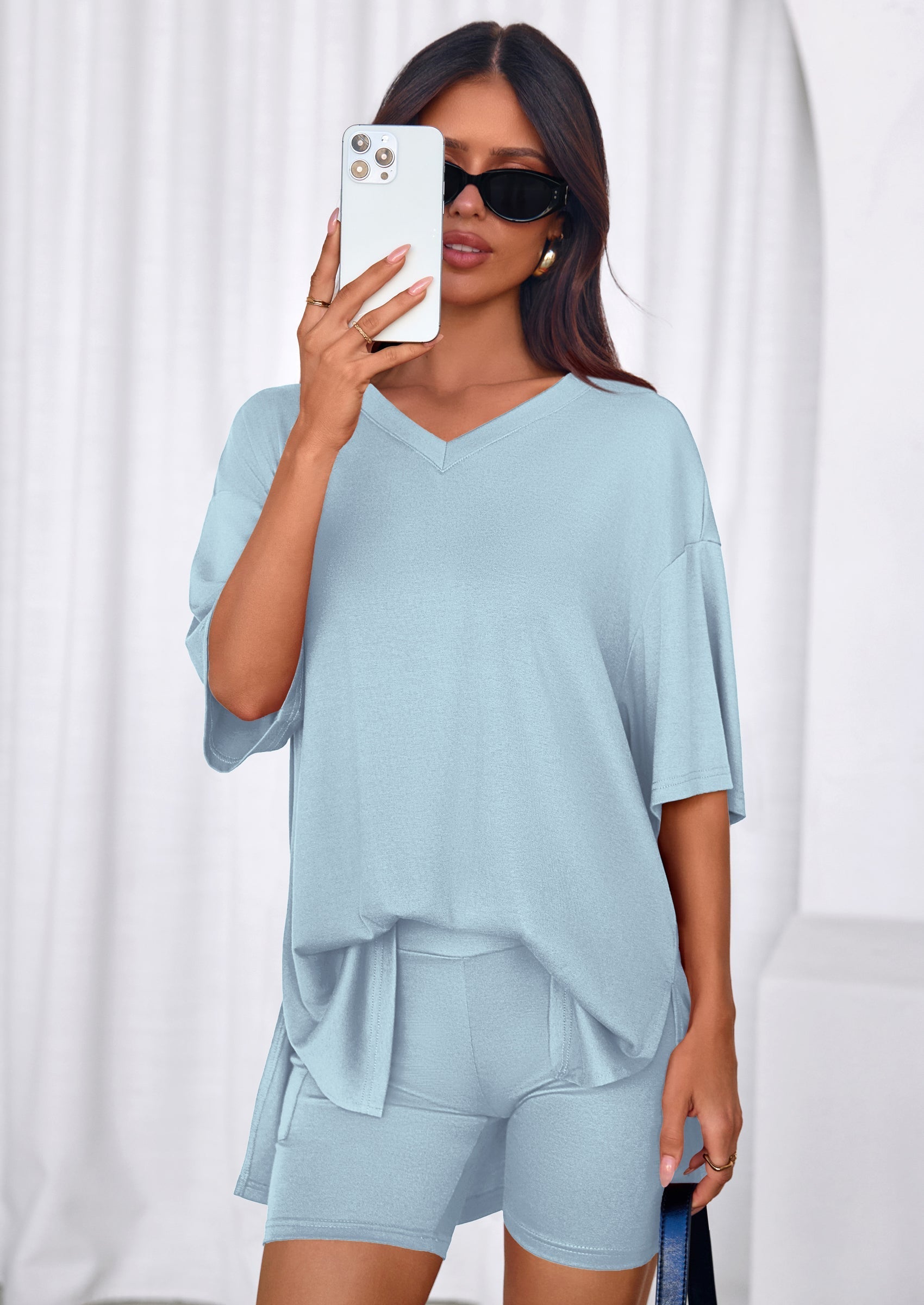 PRETTYGARDEN 2 Piece Sets for Women Summer Lounge Short Set Spring Matching Biker Shorts V Neck Oversized Shirt Clothing
