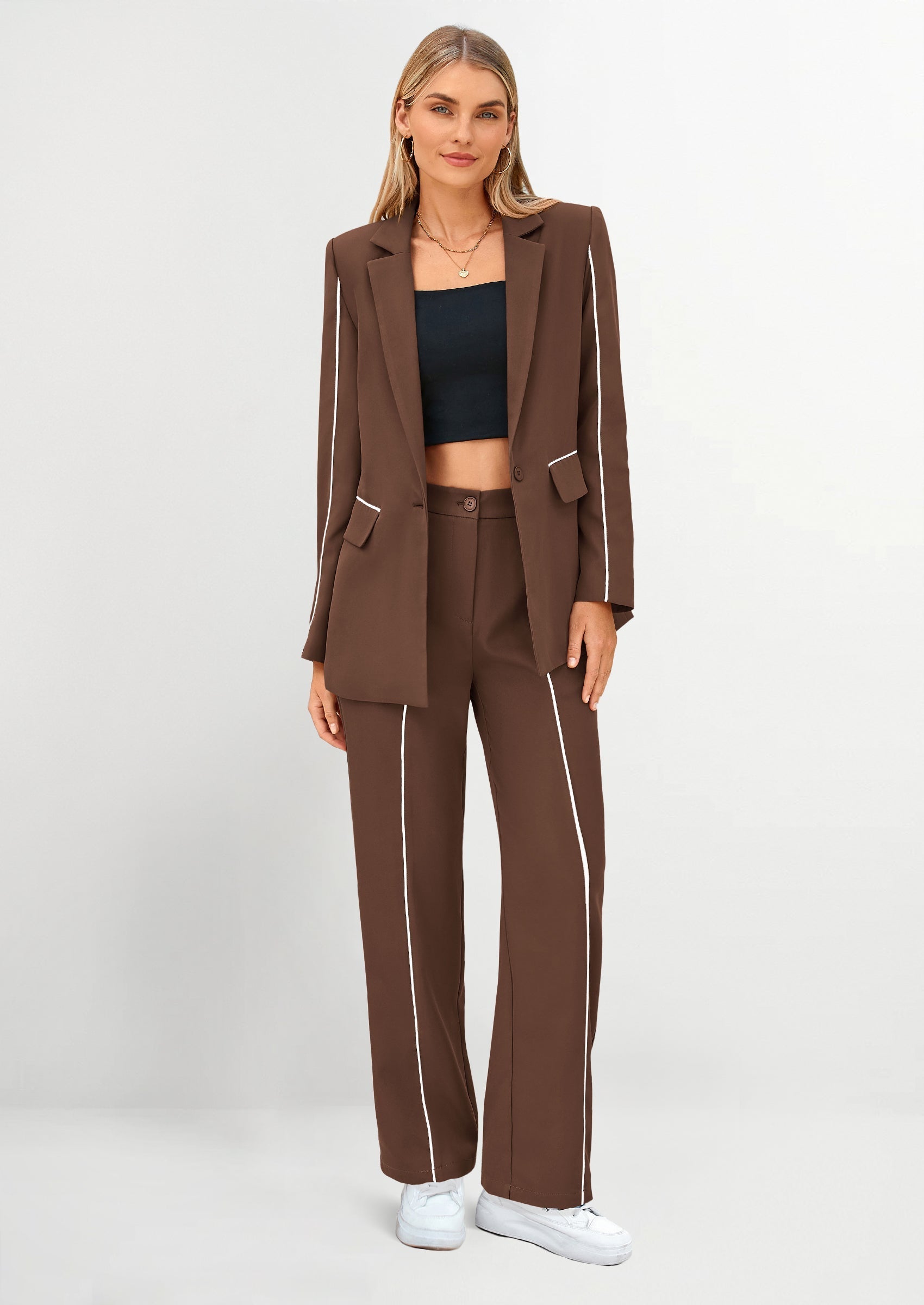 PRETTYGARDEN 2 Piece Blazer Outfits Business Casual Oversized Jacket Wide Leg Work Pants Dressy Suit Set