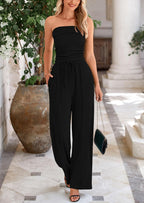 PRETTYGARDEN 2 Piece Sets Casual Ribbed Knit Crop Tube Top Wide Leg Pants Lounge Set