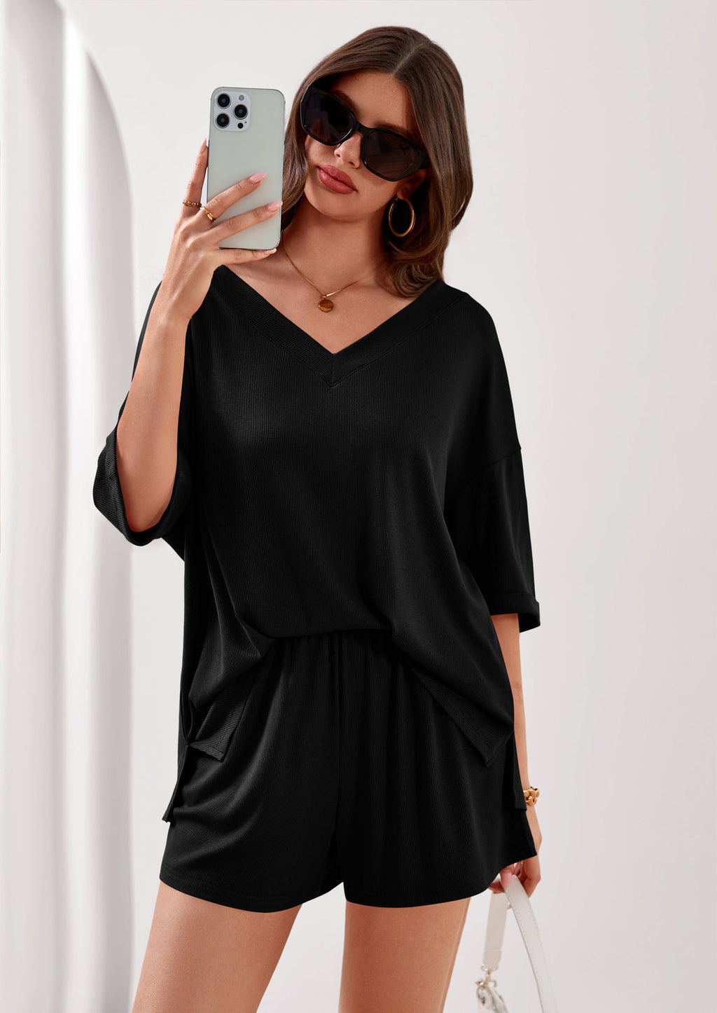 PRETTYGARDEN Womens 2 Piece Sets Oversized Vneck Half Sleeve Tops Shorts Lounge Set Casual Summer Travel Beach Outfits