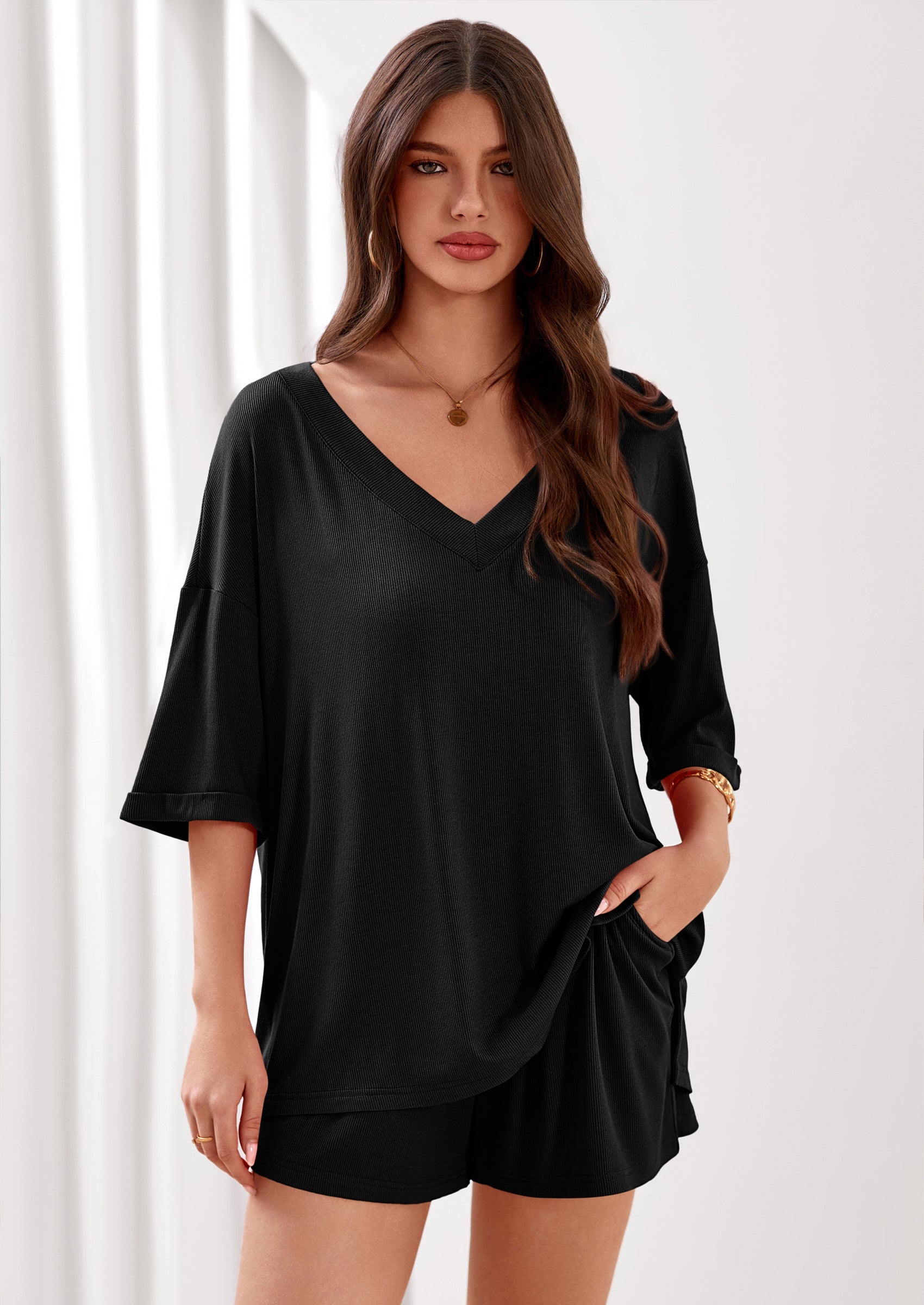 PRETTYGARDEN Womens 2 Piece Sets Oversized Vneck Half Sleeve Tops Shorts Lounge Set Casual Summer Travel Beach Outfits