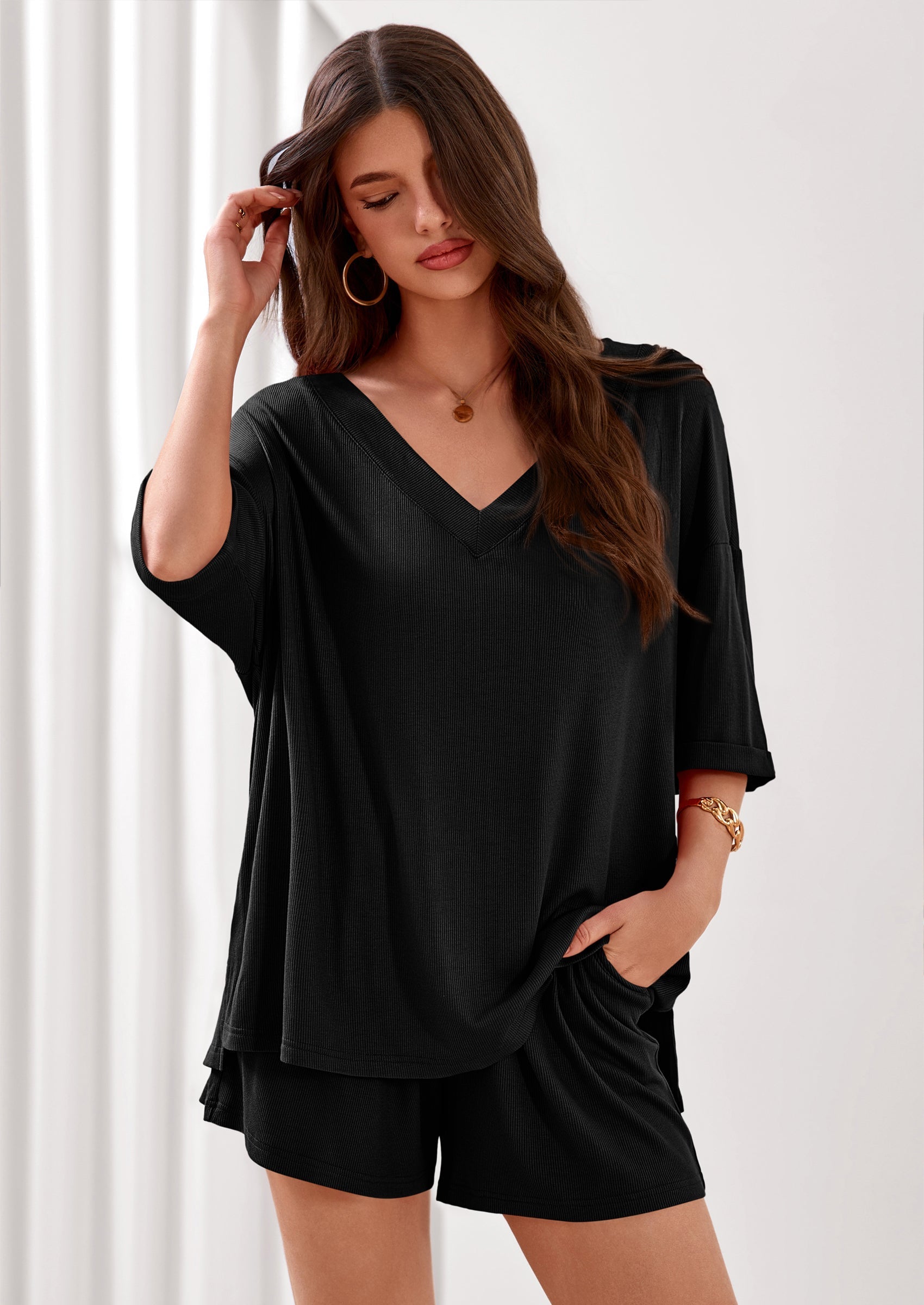 PRETTYGARDEN Womens 2 Piece Sets Oversized Vneck Half Sleeve Tops Shorts Lounge Set Casual Summer Travel Beach Outfits