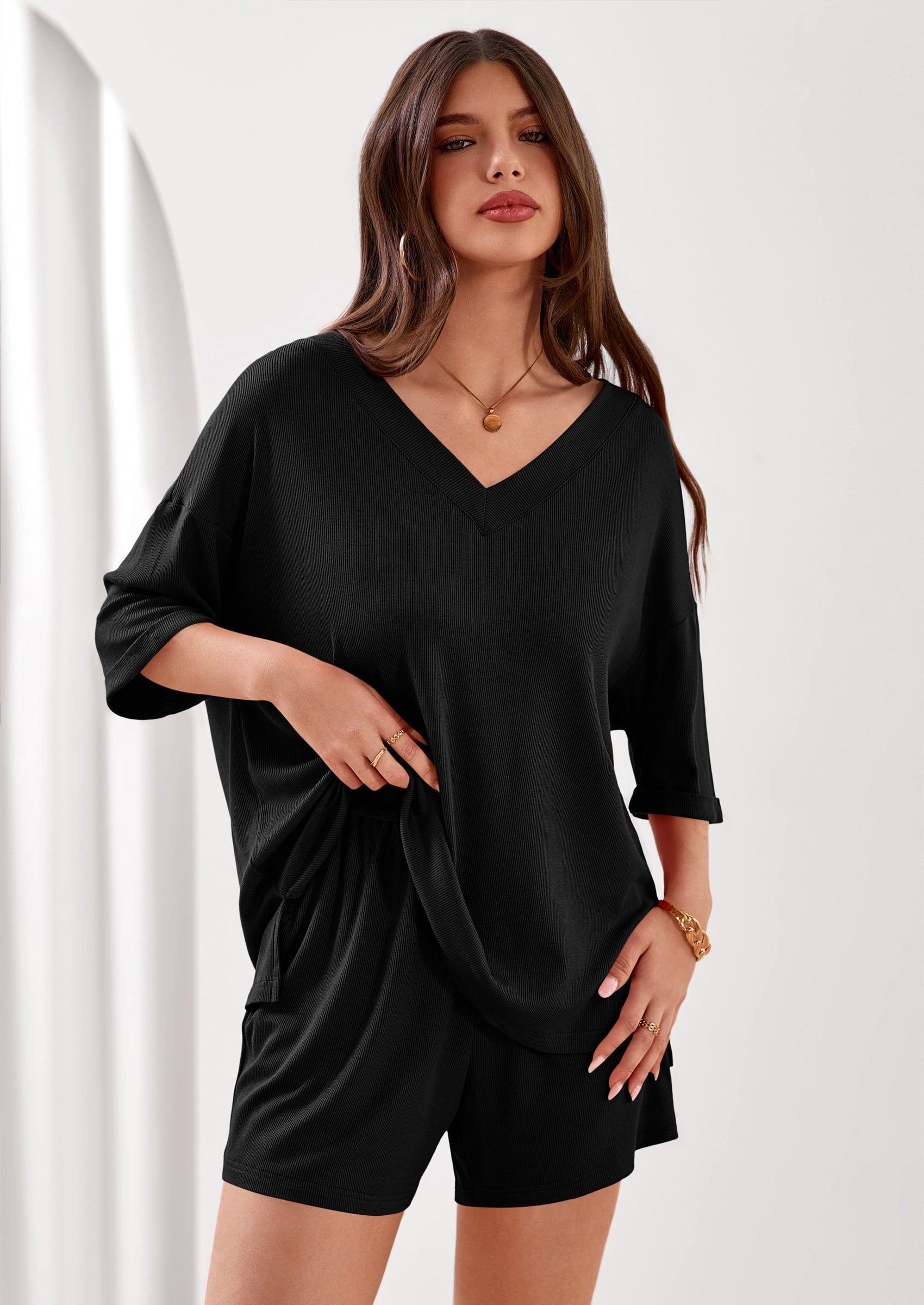 PRETTYGARDEN Womens 2 Piece Sets Oversized Vneck Half Sleeve Tops Shorts Lounge Set Casual Summer Travel Beach Outfits
