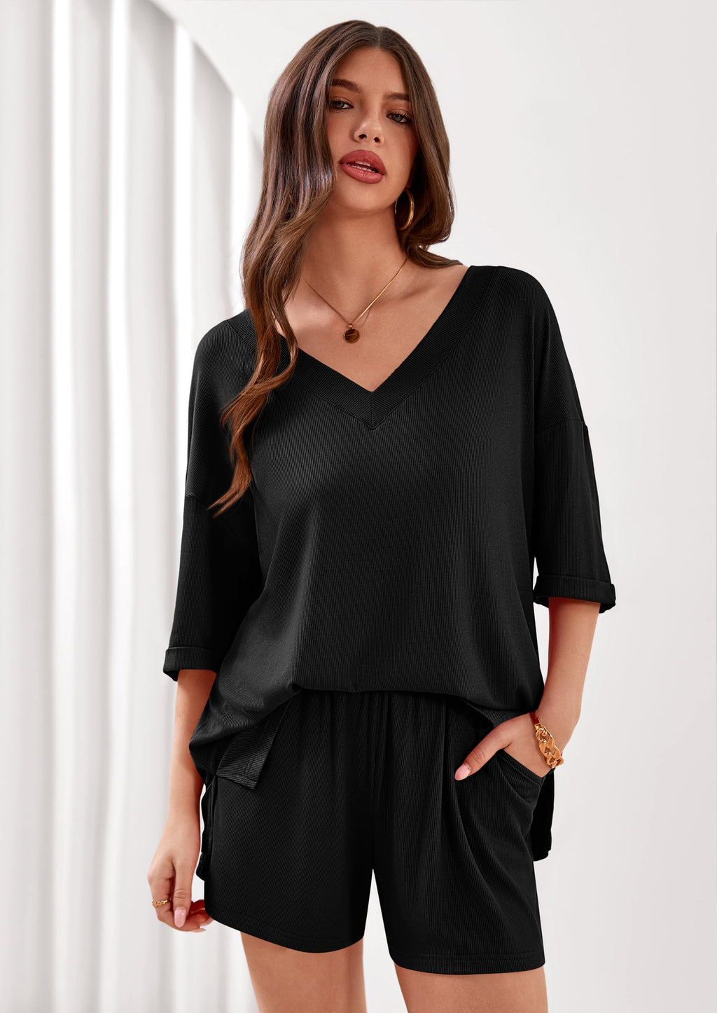 PRETTYGARDEN Womens 2 Piece Sets Oversized Vneck Half Sleeve Tops Shorts Lounge Set Casual Summer Travel Beach Outfits