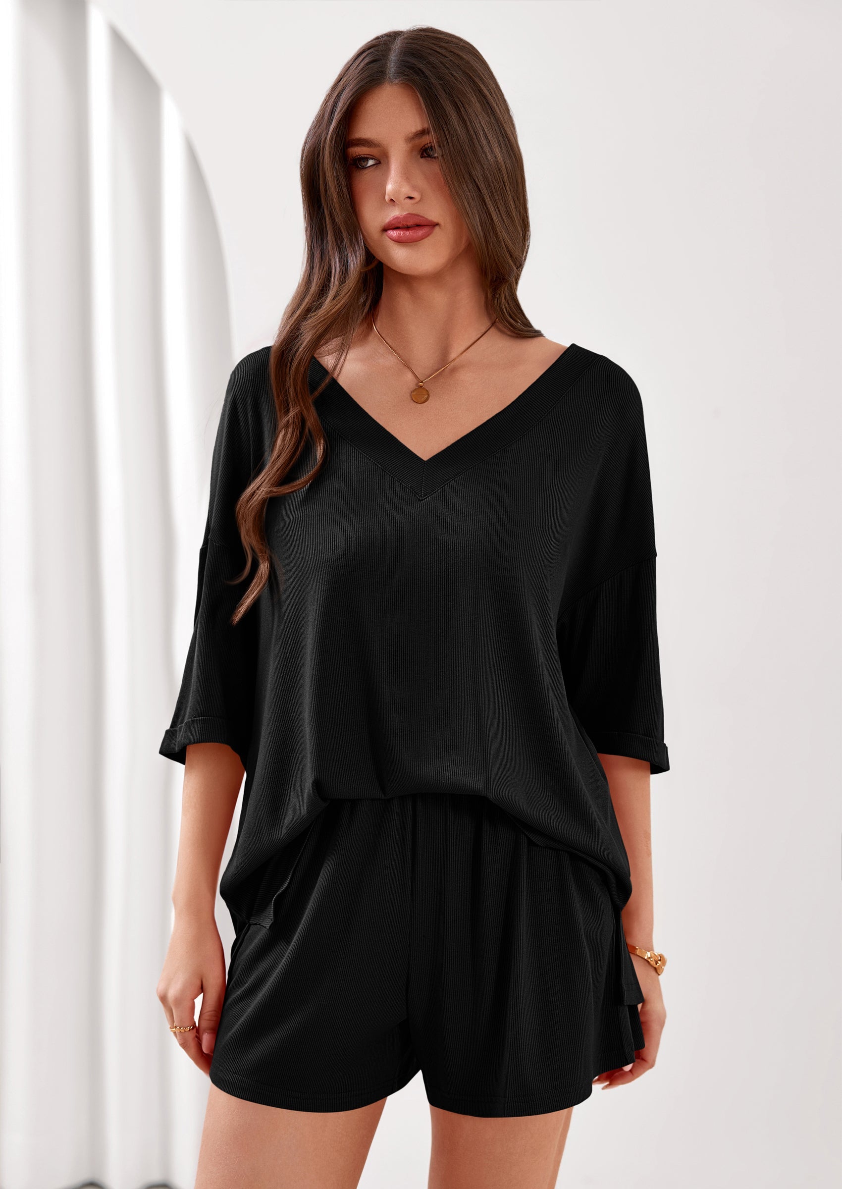 PRETTYGARDEN Womens 2 Piece Sets Oversized Vneck Half Sleeve Tops Shorts Lounge Set Casual Summer Travel Beach Outfits