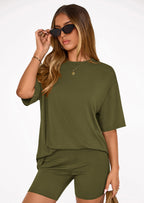 PRETTYGARDEN Women's Two Piece Matching Lounge Sets Summer Casual Tops Short Sleeve Shirts Shorts Travel Airport Outfits