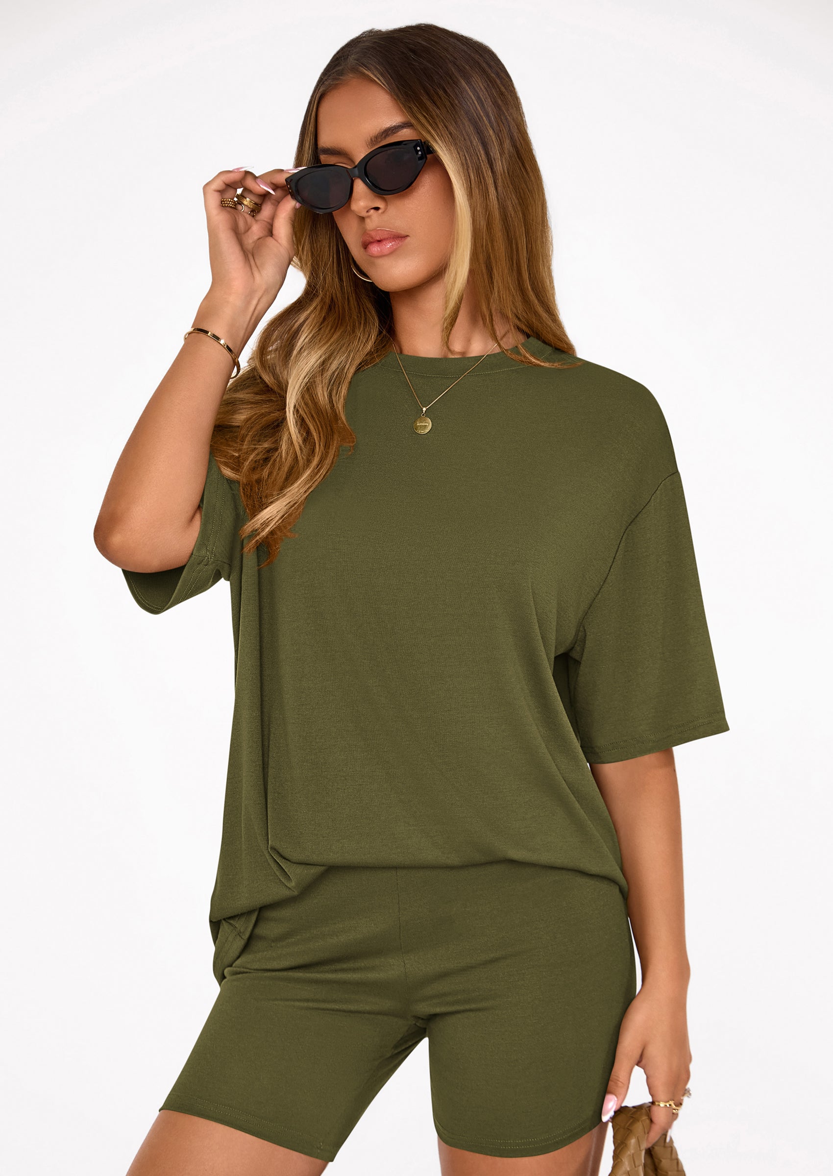 PRETTYGARDEN Women's Two Piece Matching Lounge Sets Summer Casual Tops Short Sleeve Shirts Shorts Travel Airport Outfits