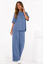 PRETTYGARDEN Women's Summer 2 Piece Lounge Set Short Sleeve Tops Wide Leg Pants Spring Vacation Travel Outfits Clothes