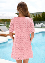 PRETTYGARDEN Women's Summer Casual Short Dresses Embroidered Lace Short Sleeve Boho Mini Dress Beach Vacation Clothes