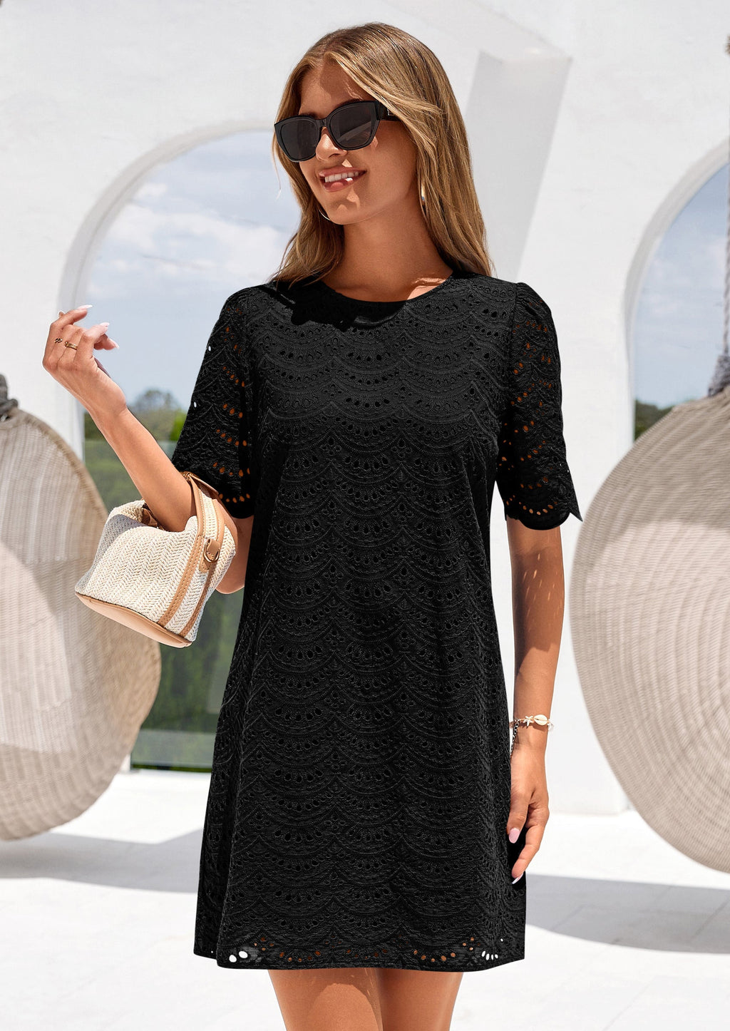 PRETTYGARDEN Women's Summer Casual Short Dresses Embroidered Lace Short Sleeve Boho Mini Dress Beach Vacation Clothes