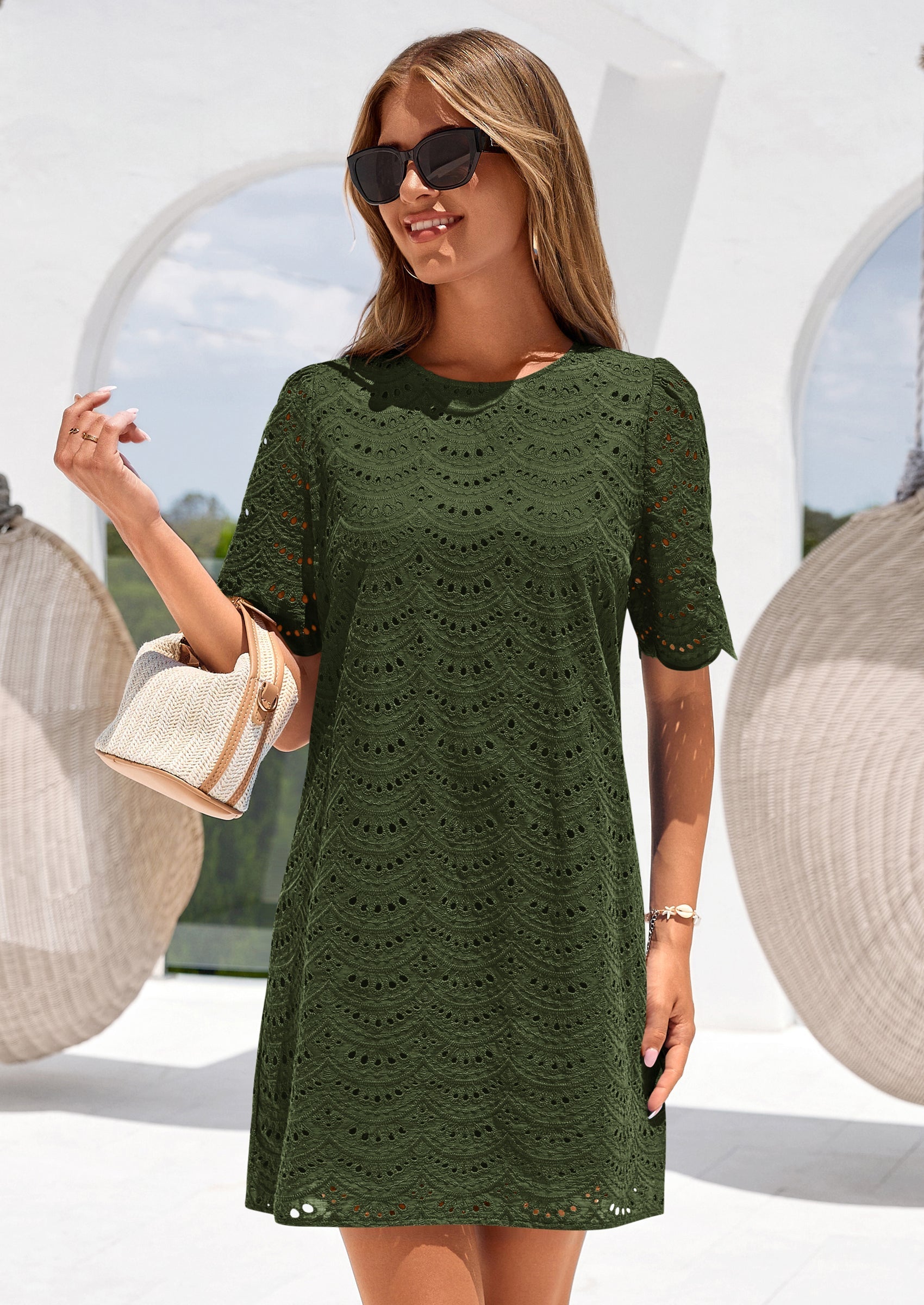 PRETTYGARDEN Women's Summer Casual Short Dresses Embroidered Lace Short Sleeve Boho Mini Dress Beach Vacation Clothes