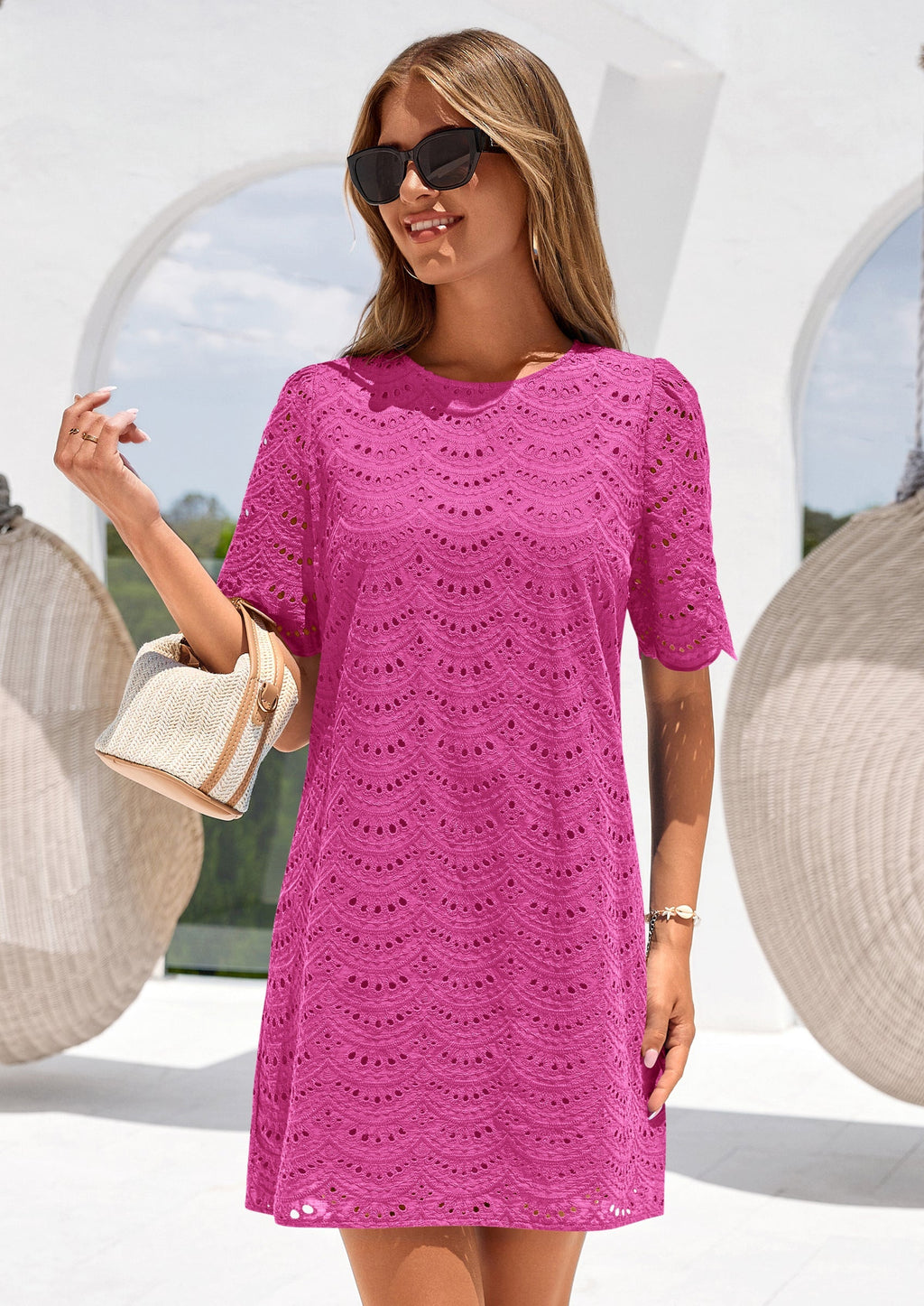 PRETTYGARDEN Women's Summer Casual Short Dresses Embroidered Lace Short Sleeve Boho Mini Dress Beach Vacation Clothes