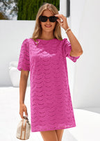 PRETTYGARDEN Women's Summer Casual Short Dresses Embroidered Lace Short Sleeve Boho Mini Dress Beach Vacation Clothes