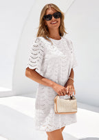 PRETTYGARDEN Women's Summer Casual Short Dresses Embroidered Lace Short Sleeve Boho Mini Dress Beach Vacation Clothes