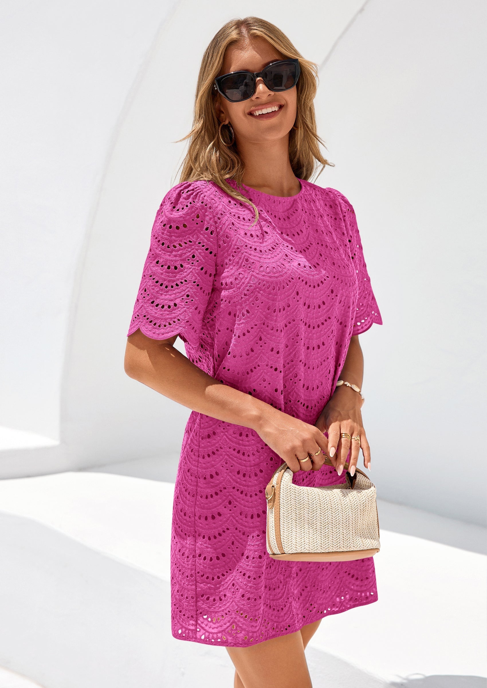 PRETTYGARDEN Women's Summer Casual Short Dresses Embroidered Lace Short Sleeve Boho Mini Dress Beach Vacation Clothes