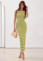 PRETTYGARDEN Sundresses for Women Summer Striped Knit Side Slit Spring Fashion Bodycon Maxi Dress Beach Vacation Clothes