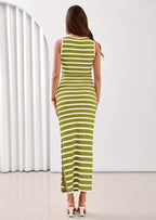 PRETTYGARDEN Sundresses for Women Summer Striped Knit Side Slit Spring Fashion Bodycon Maxi Dress Beach Vacation Clothes