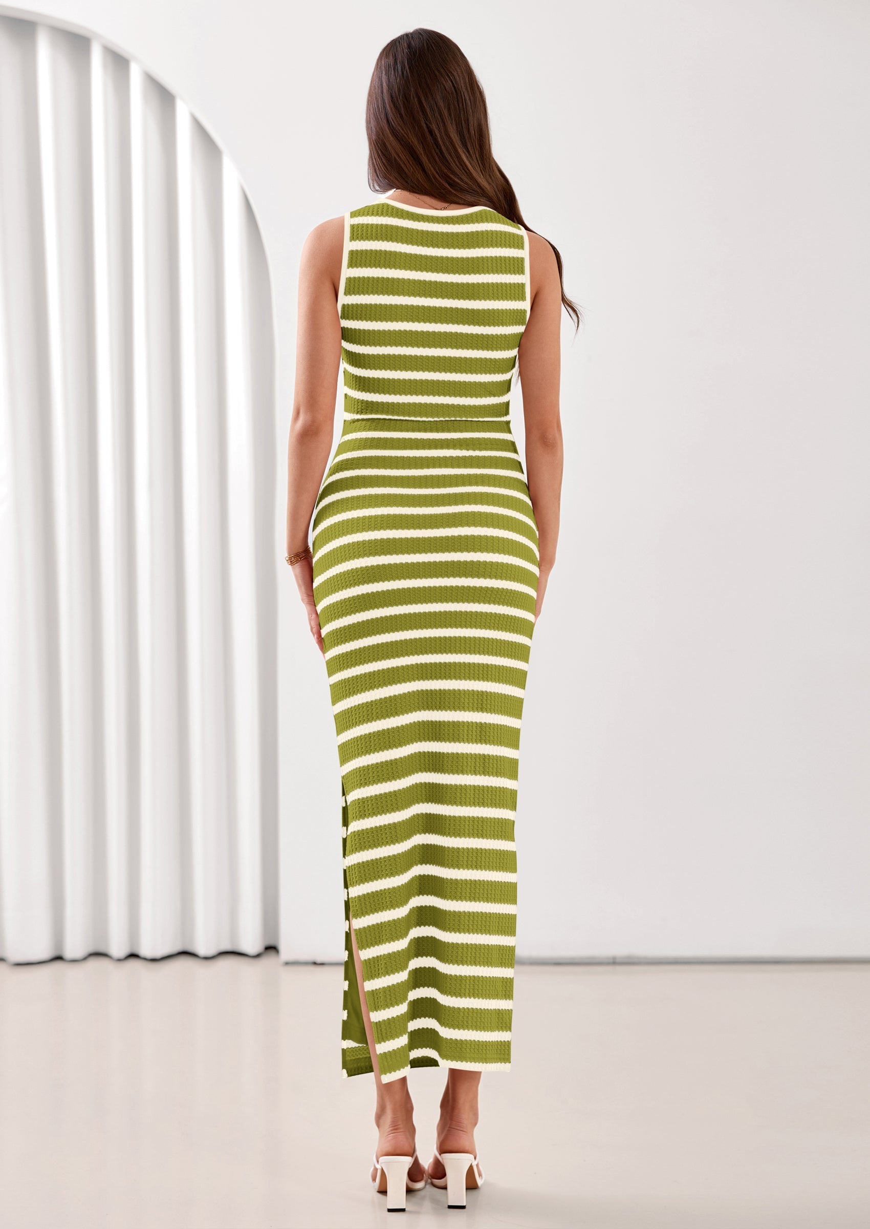 PRETTYGARDEN Sundresses for Women Summer Striped Knit Side Slit Spring Fashion Bodycon Maxi Dress Beach Vacation Clothes