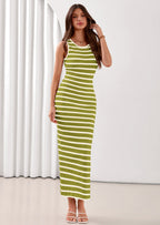 PRETTYGARDEN Sundresses for Women Summer Striped Knit Side Slit Spring Fashion Bodycon Maxi Dress Beach Vacation Clothes