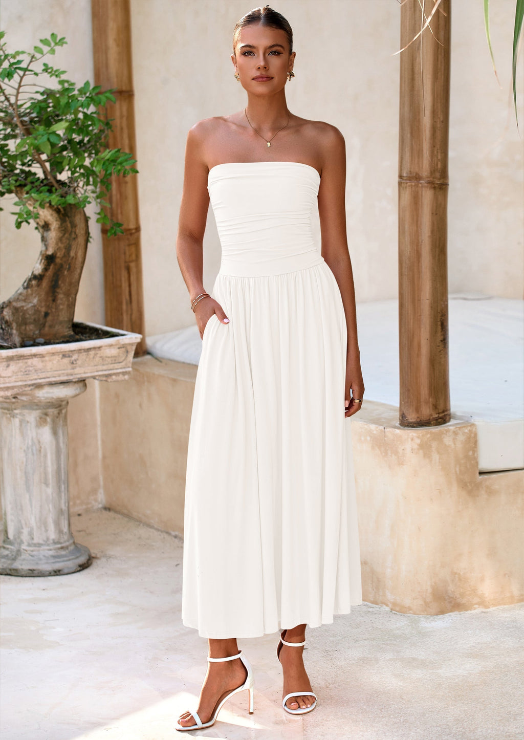 BTFBM Summer Maxi Dresses for Women Strapless Ruched Tube Top Beach Vacation Spring Wedding Guest Dress Pockets