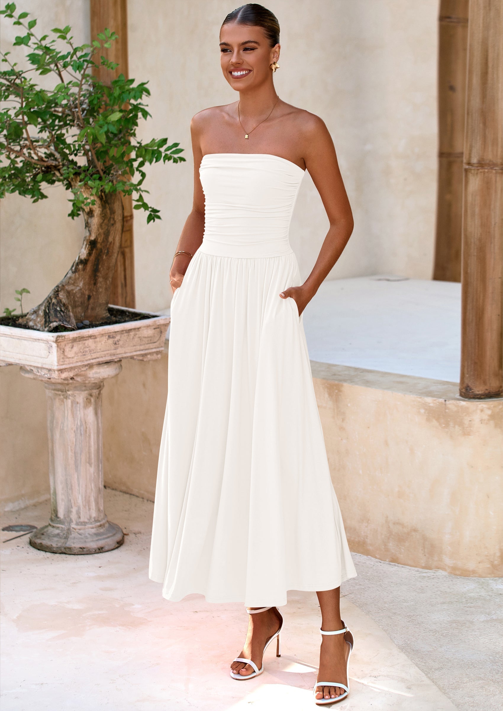 BTFBM Summer Maxi Dresses for Women Strapless Ruched Tube Top Beach Vacation Spring Wedding Guest Dress Pockets