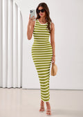 PRETTYGARDEN Sundresses for Women Summer Striped Knit Side Slit Spring Fashion Bodycon Maxi Dress Beach Vacation Clothes