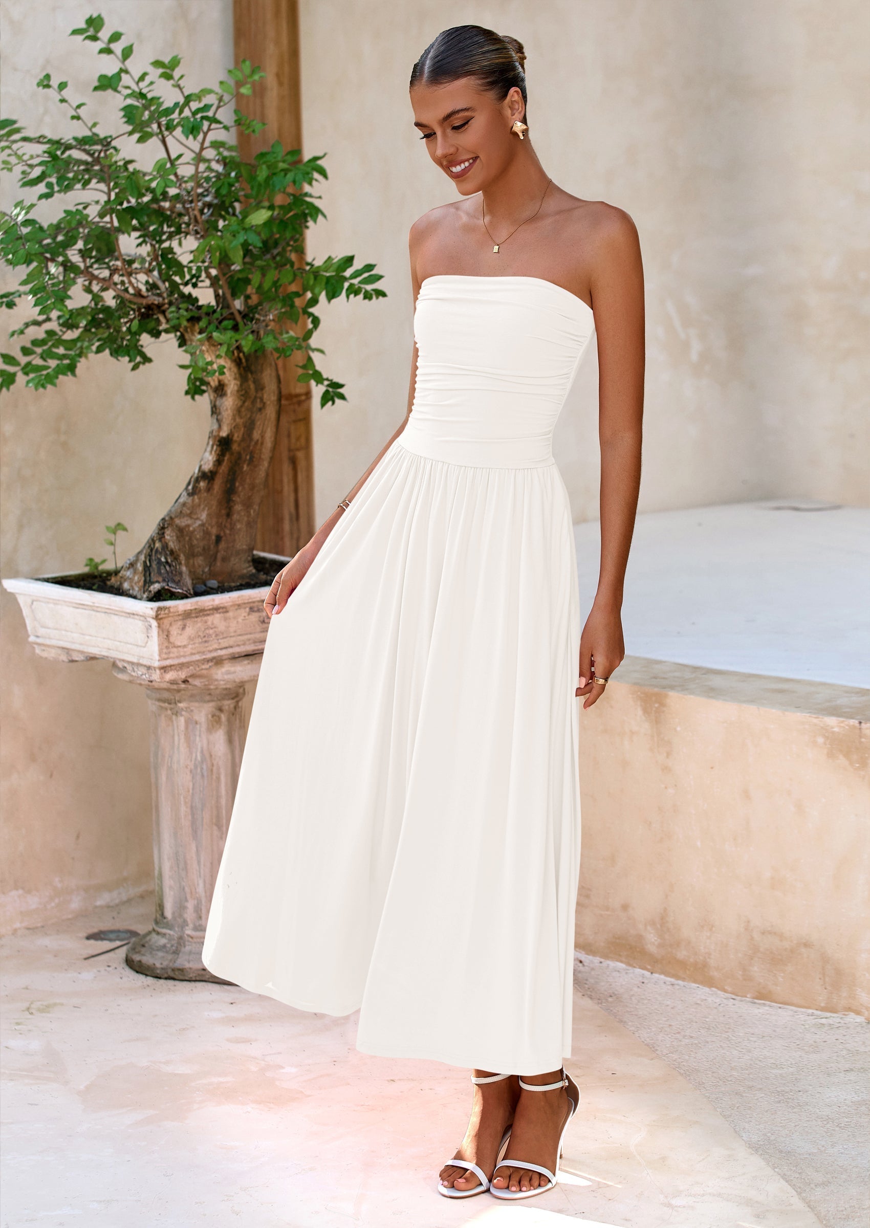BTFBM Summer Maxi Dresses for Women Strapless Ruched Tube Top Beach Vacation Spring Wedding Guest Dress Pockets
