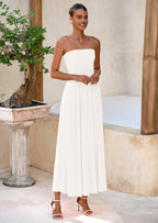 BTFBM Summer Maxi Dresses for Women Strapless Ruched Tube Top Beach Vacation Spring Wedding Guest Dress Pockets