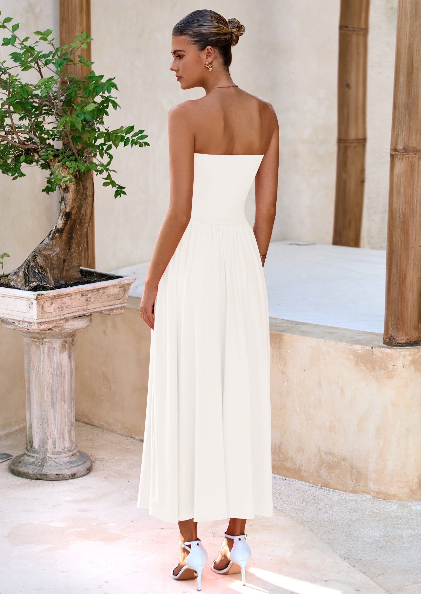 BTFBM Summer Maxi Dresses for Women Strapless Ruched Tube Top Beach Vacation Spring Wedding Guest Dress Pockets