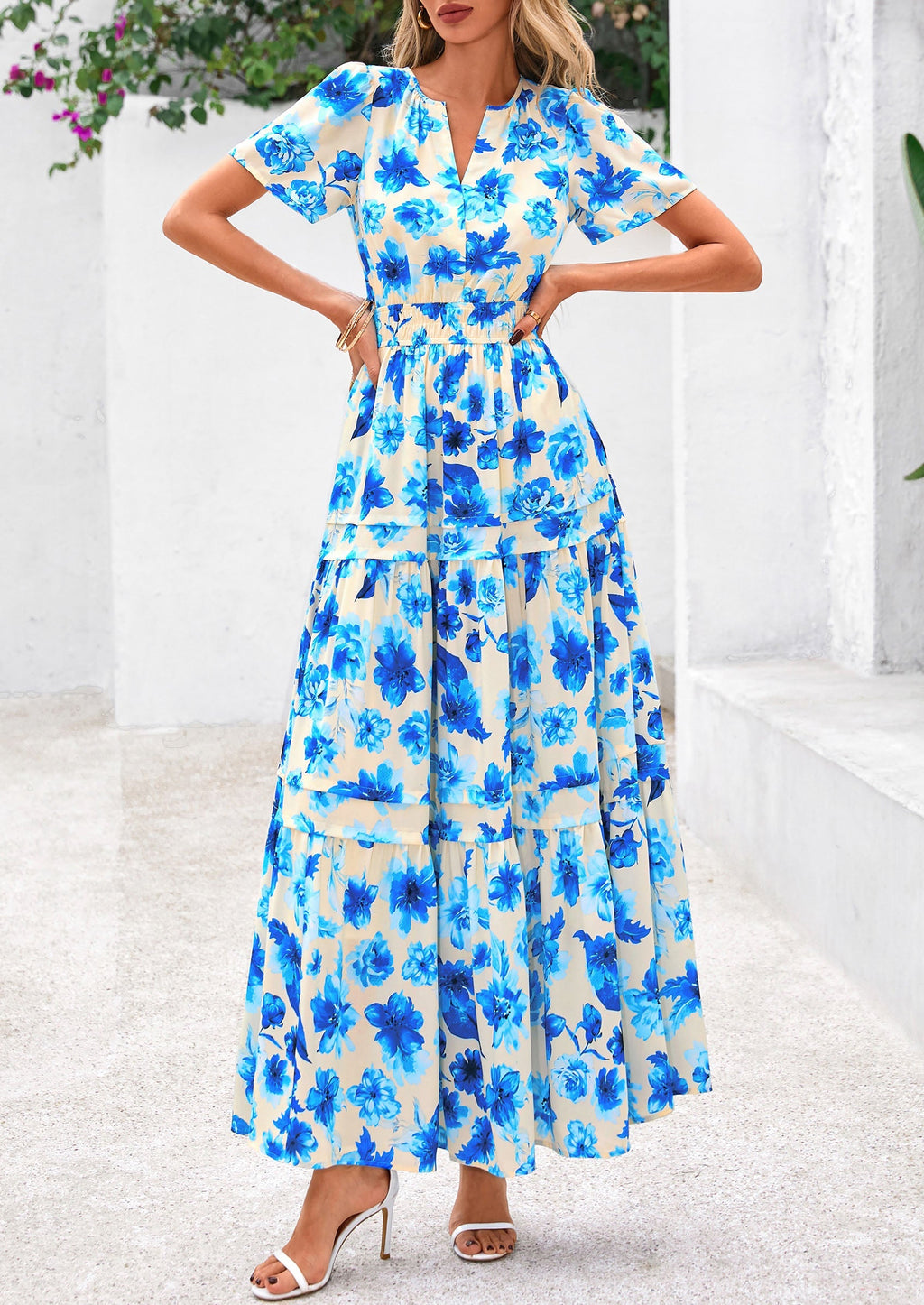 PRETTYGARDEN Women's Boho Maxi Dresses Floral Short Sleeve V Neck A Line Tiered Flowy Long Beach Vacation Dress
