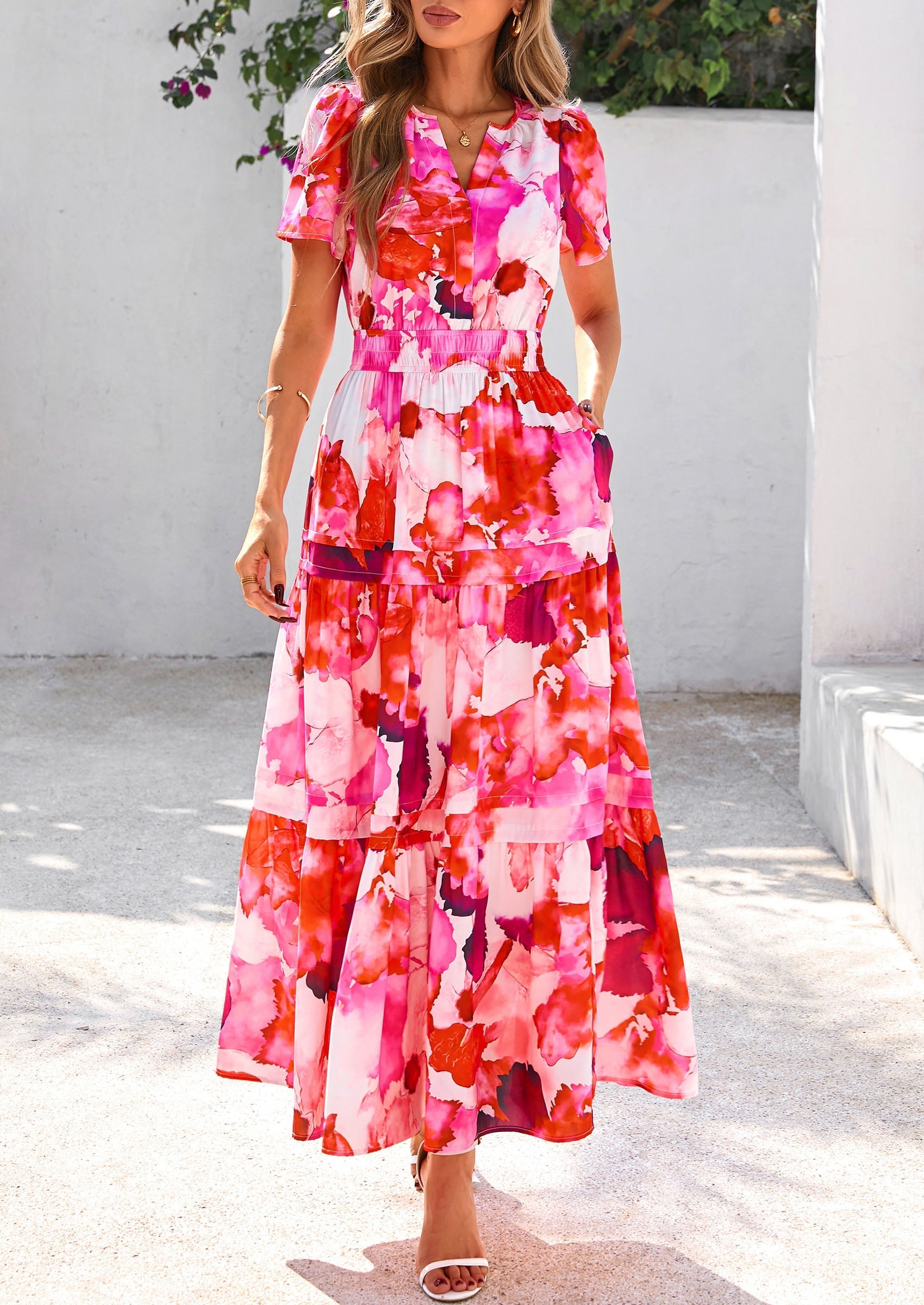 PRETTYGARDEN Women's Boho Maxi Dresses Floral Short Sleeve V Neck A Line Tiered Flowy Long Beach Vacation Dress