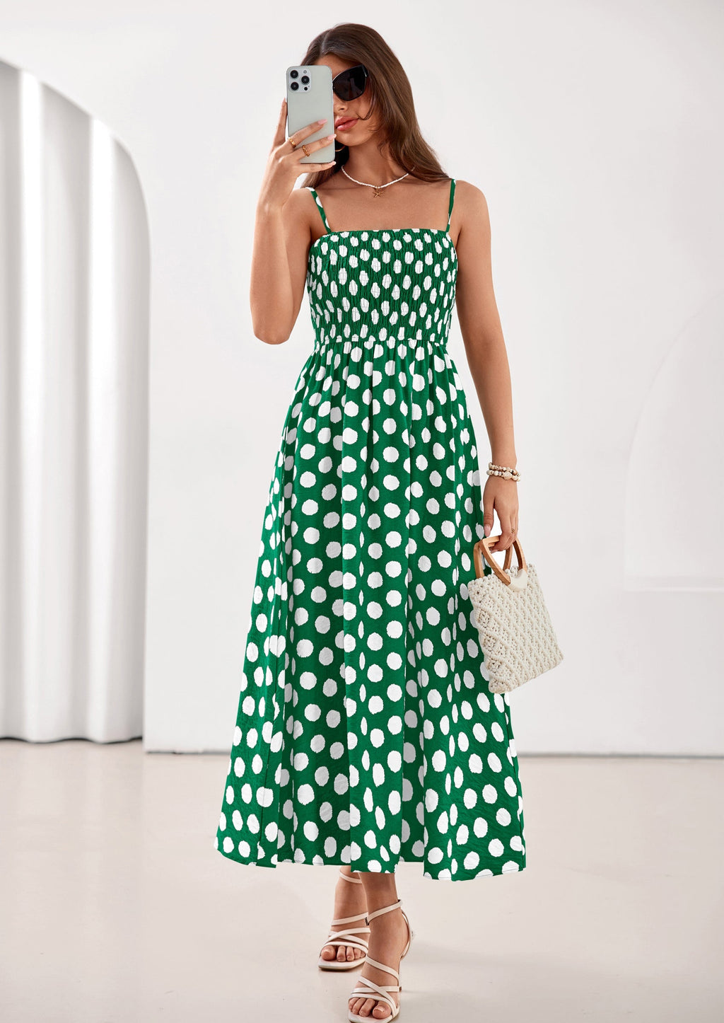 PRETTYGARDEN Womens Summer Dresses Spring Sleeveless Spaghetti Straps Casual Midi Dress Polka Dot Smocked Beach Sundress
