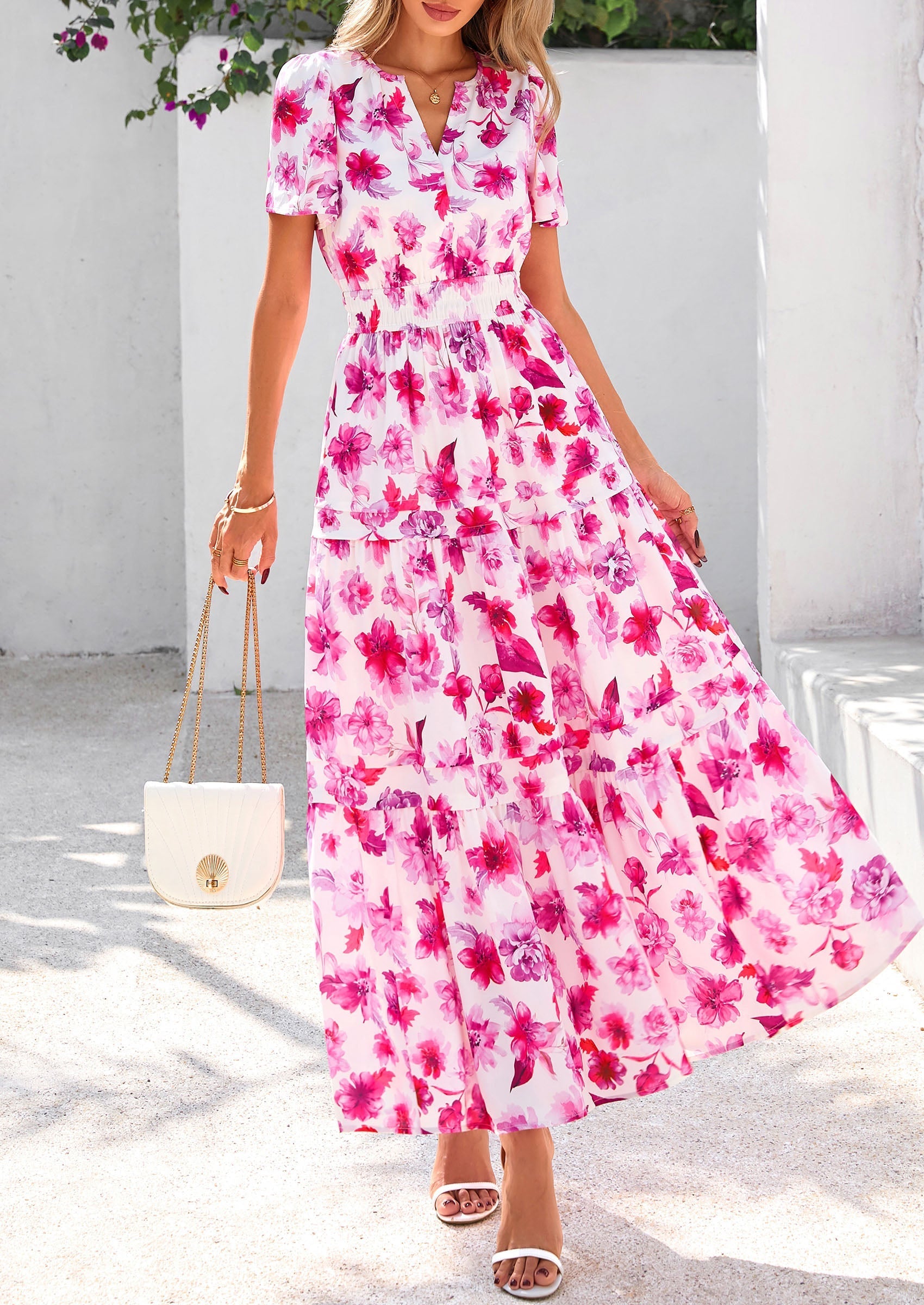 PRETTYGARDEN Women's Boho Maxi Dresses Floral Short Sleeve V Neck A Line Tiered Flowy Long Beach Vacation Dress