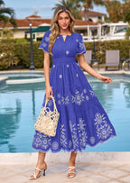 PRETTYGARDEN Boho Dresses for Women Summer Spring Casual Floral Short Sleeve V Neck Maxi Elastic Waist Dress Pockets