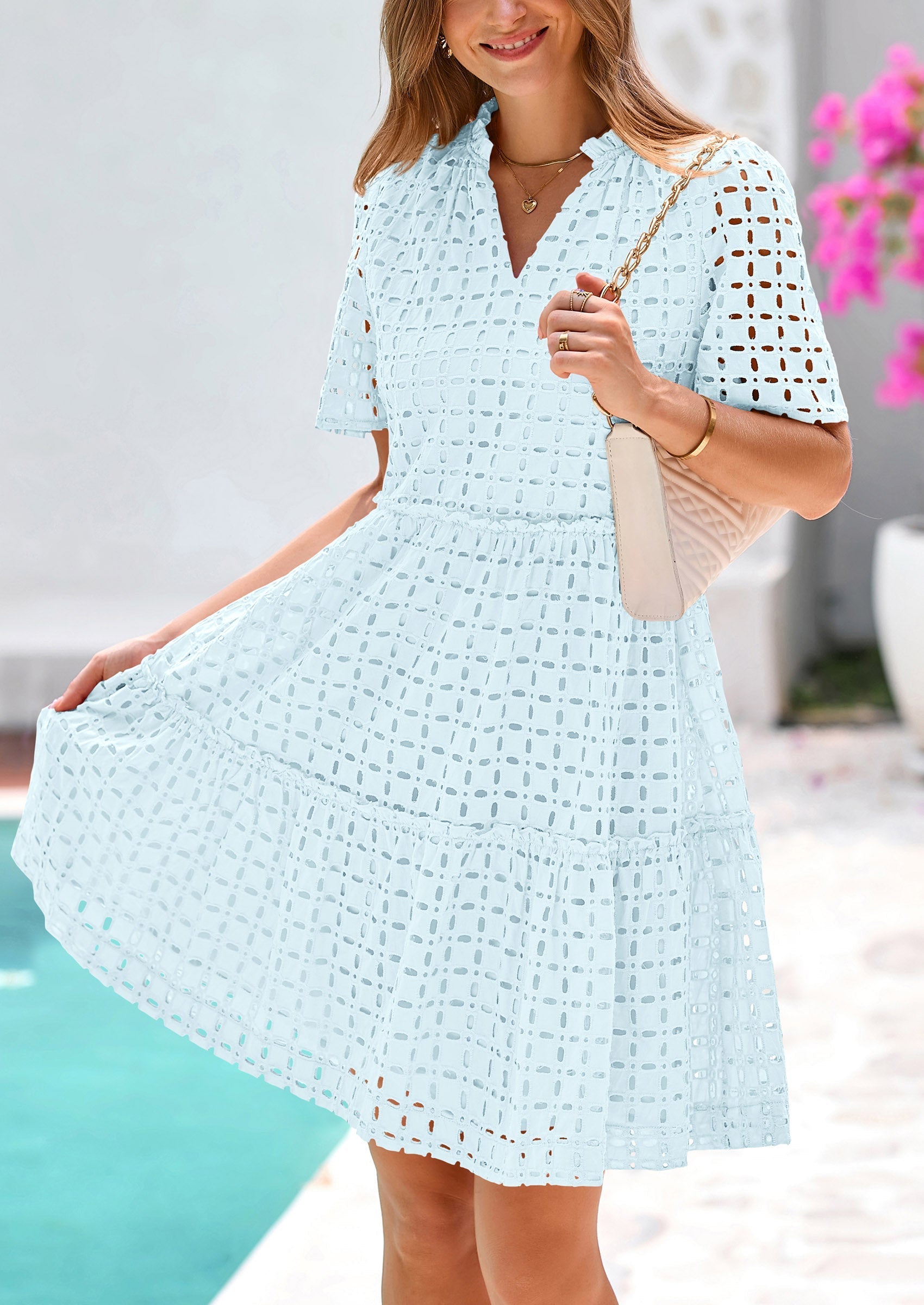 PRETTYGARDEN Women's Short Sleeve Mini Dress Summer V Neck Hollow Out Eyelet Ruffle A Line Swing Short Dresses