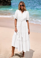 PRETTYGARDEN Women's Midi Dress Casual Short Sleeve V Neck Buttons Belted Ruffle A Line Flowy Dress with Pockets