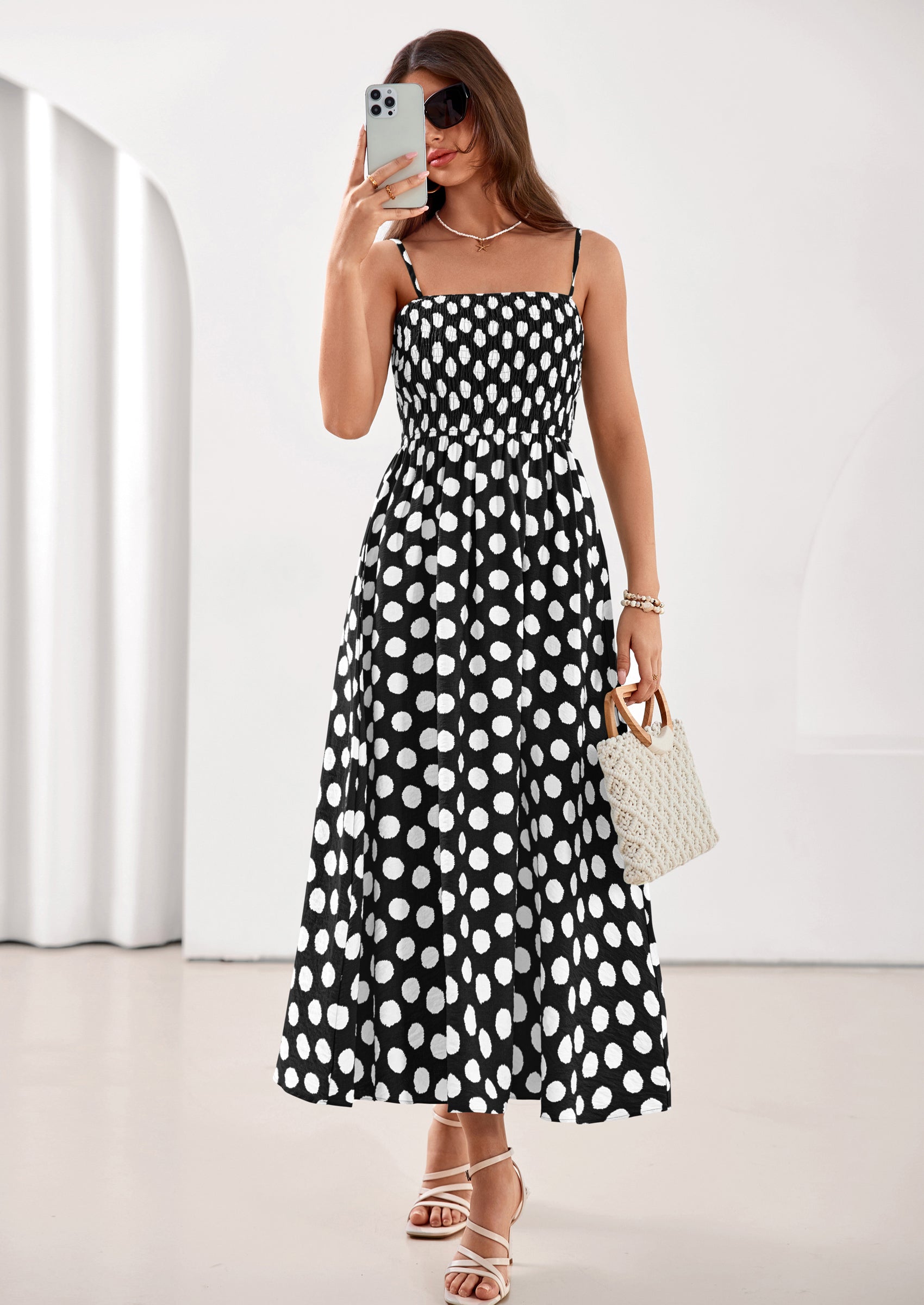 PRETTYGARDEN Womens Summer Dresses Spring Sleeveless Spaghetti Straps Casual Midi Dress Polka Dot Smocked Beach Sundress